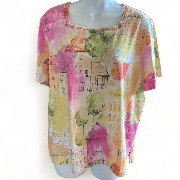 Alfred Dunner Square Neck Short Sleeve Top, Size Large, Yellow Pink Green - Picture 9 of 11